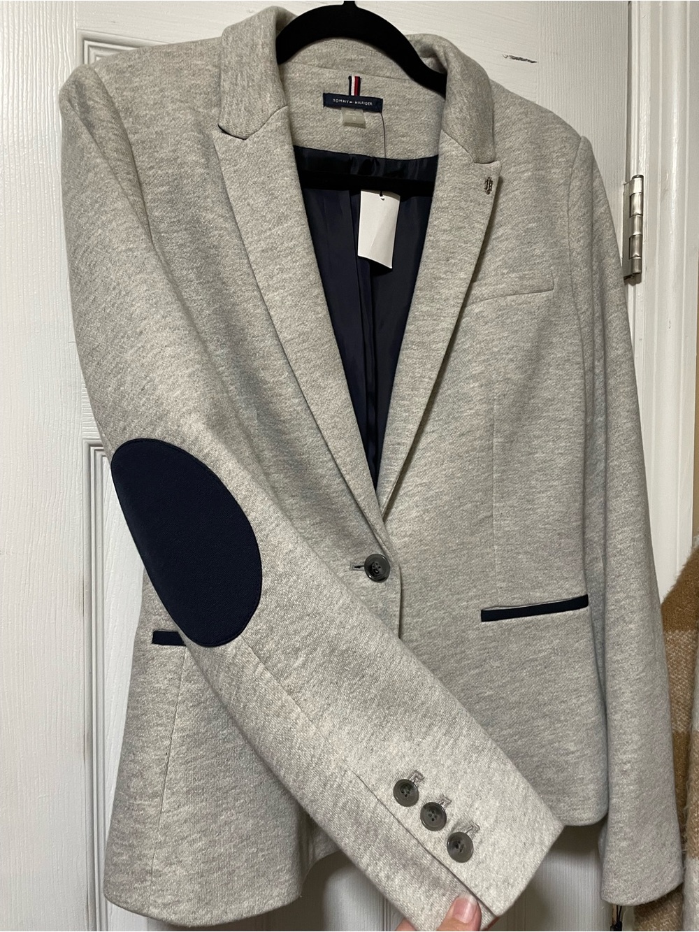 Tommy Hilfiger Light Gray Blazer with Navy Elbow Patches